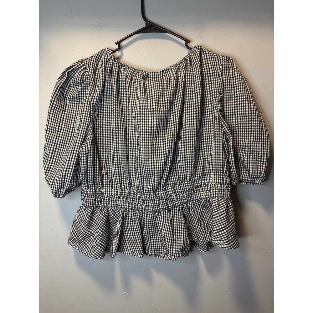NWT Anthropologie Joie Gingham Puff Sleeve Peplum Blouse Black White Top Size L - Picture 5 of 6